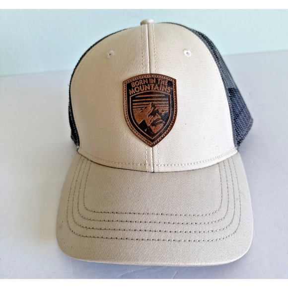 Kuhl Snap Back Trucker Hat Born In The Mountains Leather Patch Tan w/ Gray Mesh - Picture 1 of 5